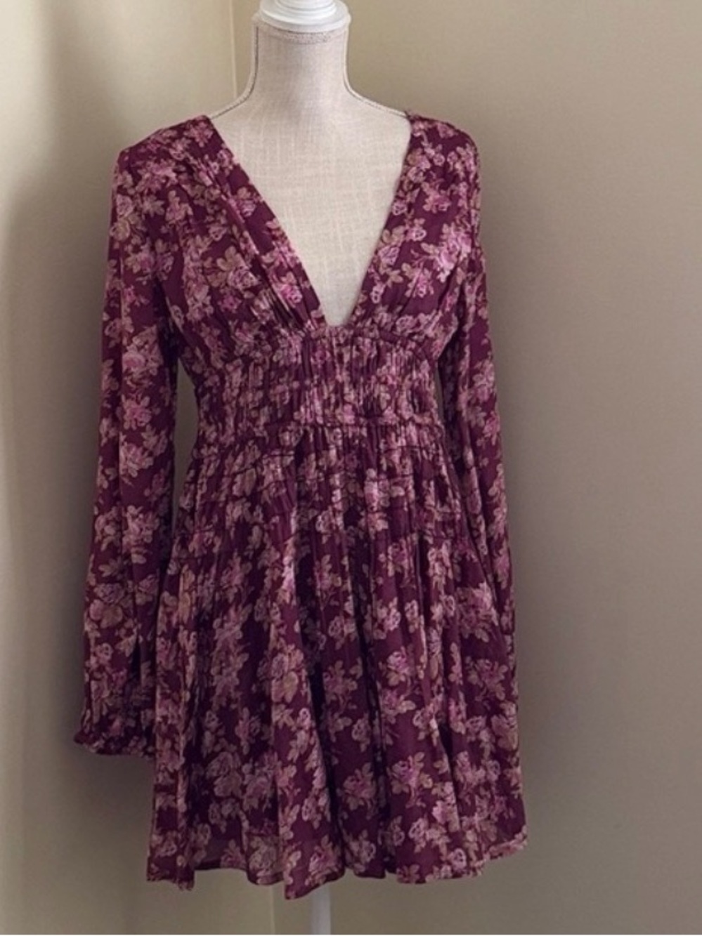 Free People Floral V-Neck Long Sleeve Mini Dress - Picture 2 of 12